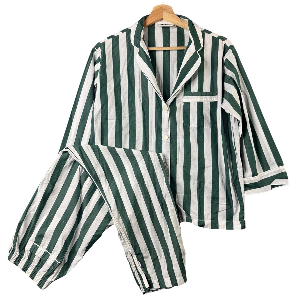 Sleepy Jones Green White Striped Cotton Pajama Set XS Button Front Long Sleeve